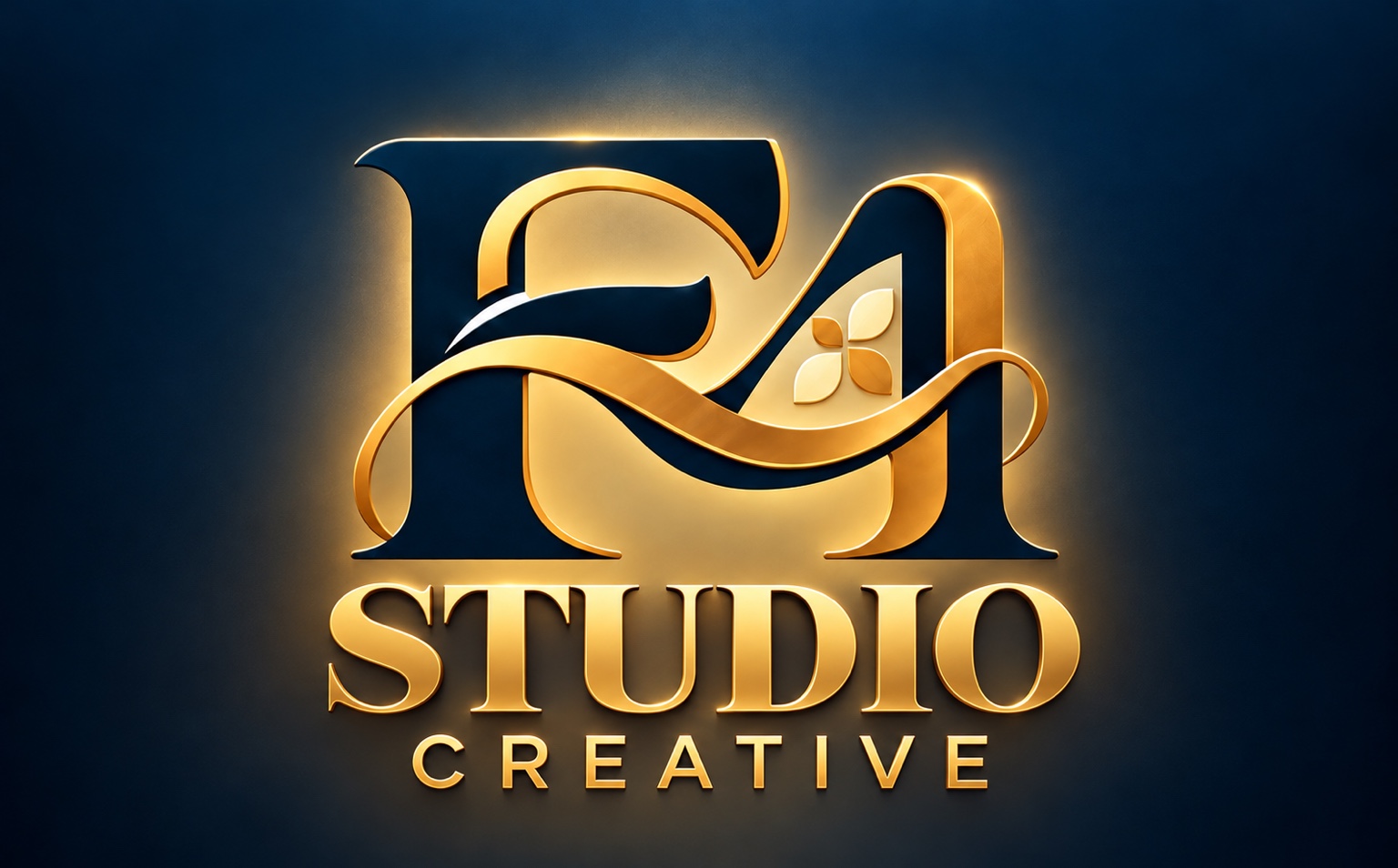 Logo F4 Studio Creative: símbolo dourado e nome sobre fundo azul-marinho