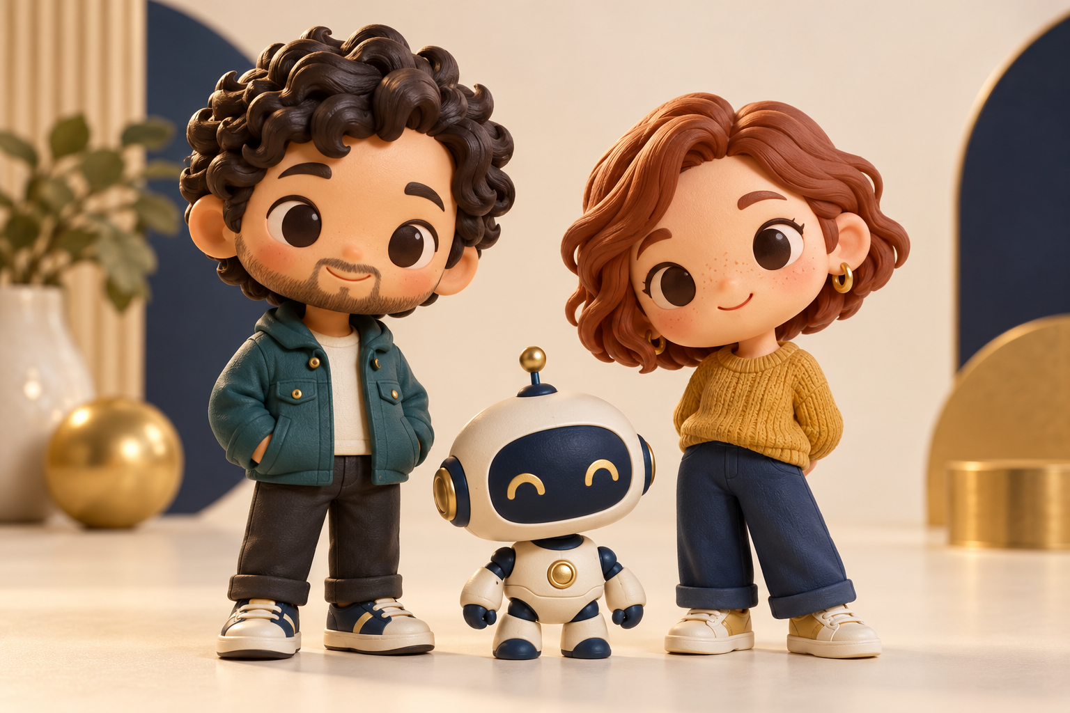 Três miniaturas colecionáveis originais personalizadas, incluindo dois personagens e um robô simpático